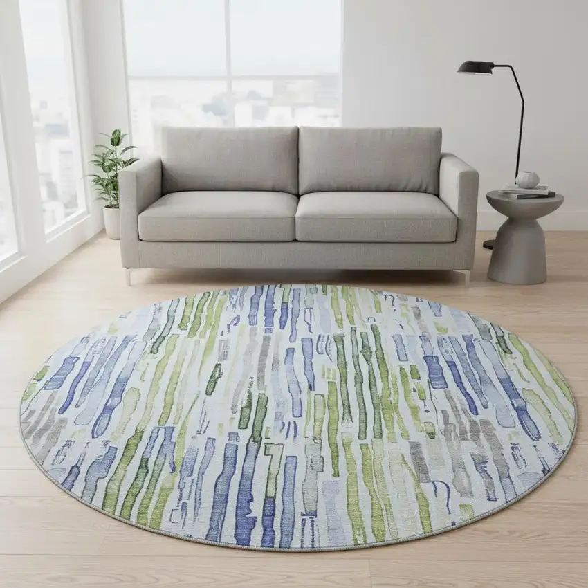 8' Sky Blue Green And Ivory Striped Washable Round Rug With UV Protection Photo 2
