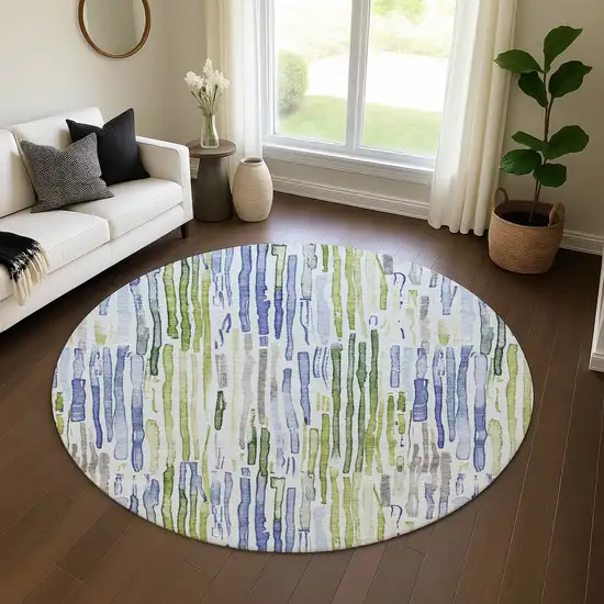 8' Sky Blue Green And Ivory Striped Washable Round Rug With UV Protection Photo 4