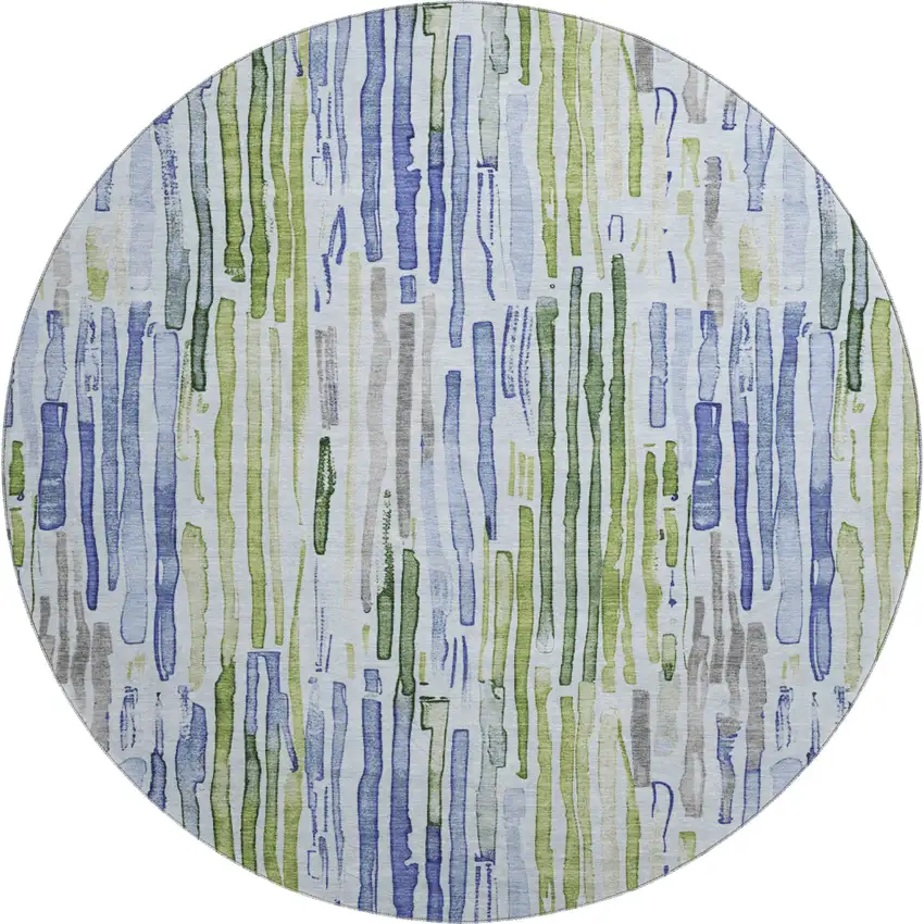 8' Sky Blue Green And Ivory Striped Washable Round Rug With UV Protection Photo 1