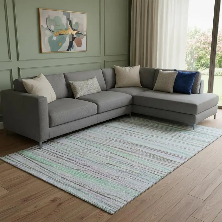 8' Sky Blue Green And Purple Striped Washable Area Rug With UV Protection Photo 2