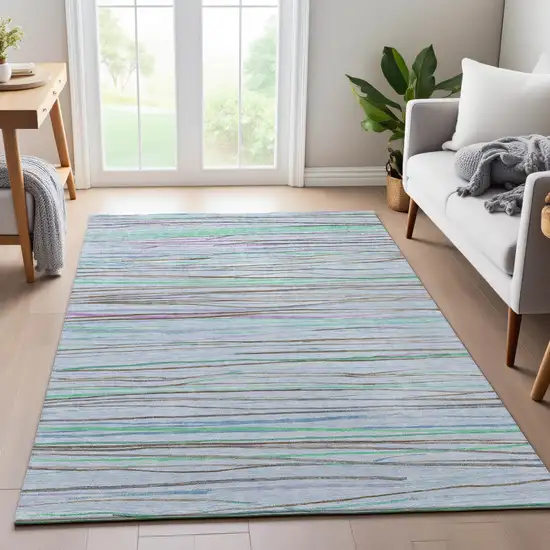 8' Sky Blue Green And Purple Striped Washable Area Rug With UV Protection Photo 5