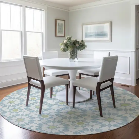 8' Sky Blue Ivory And Artichoke Green Round Floral Medallion Washable Indoor Outdoor Area Rug Photo 9