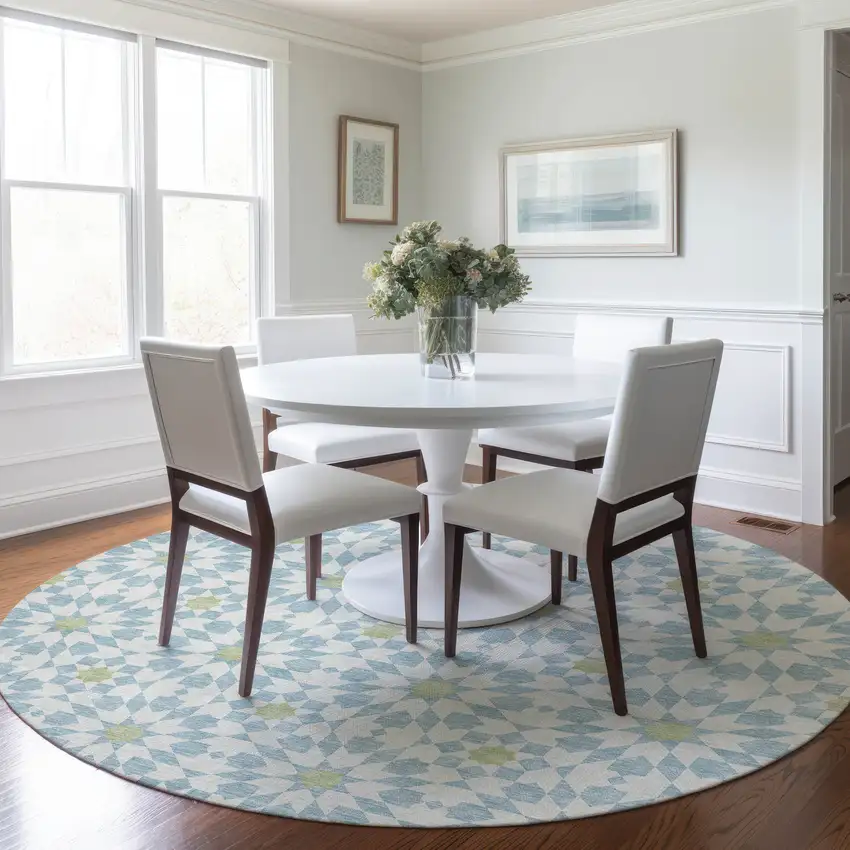 8' Sky Blue Ivory And Artichoke Green Round Floral Medallion Washable Indoor Outdoor Area Rug Photo 9