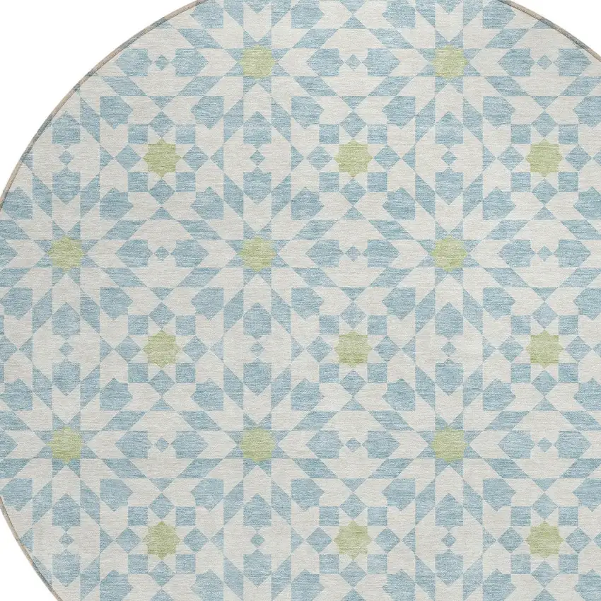 8' Sky Blue Ivory And Artichoke Green Round Floral Medallion Washable Indoor Outdoor Area Rug Photo 6