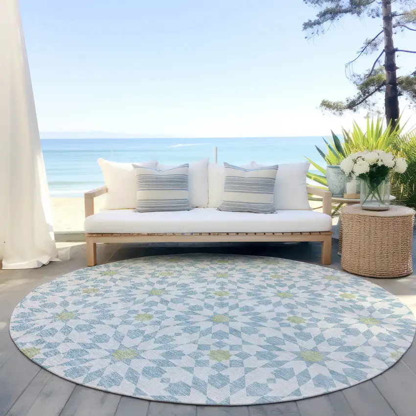 8' Sky Blue Ivory And Artichoke Green Round Floral Medallion Washable Indoor Outdoor Area Rug Photo 8