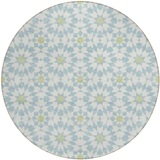 8' Sky Blue Ivory And Artichoke Green Round Floral Medallion Washable Indoor Outdoor Area Rug Photo 1
