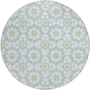 Photo of 8' Sky Blue Ivory And Artichoke Green Round Floral Medallion Washable Indoor Outdoor Area Rug