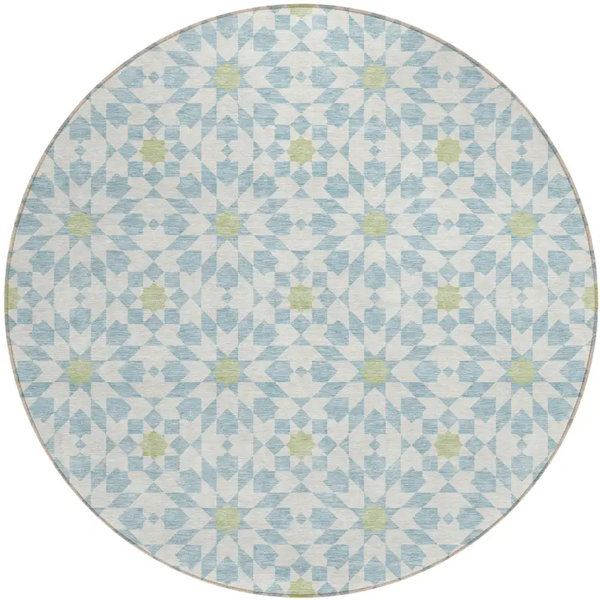 8' Sky Blue Ivory And Artichoke Green Round Floral Medallion Washable Indoor Outdoor Area Rug Photo 1