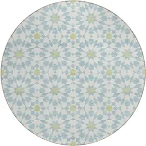 Photo of 8' Sky Blue Ivory And Artichoke Green Round Floral Medallion Washable Indoor Outdoor Area Rug