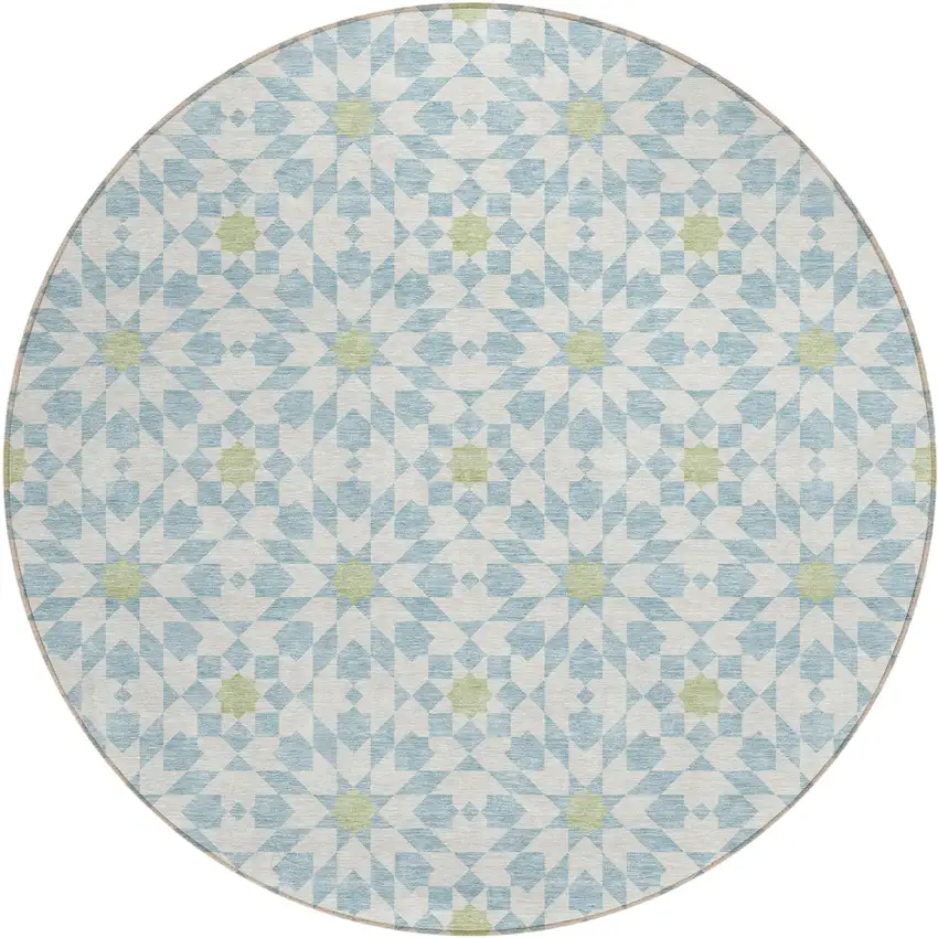 8' Sky Blue Ivory And Artichoke Green Round Floral Medallion Washable Indoor Outdoor Area Rug Photo 1