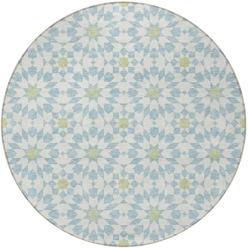 8' Sky Blue Ivory And Artichoke Green Round Floral Medallion Washable Indoor Outdoor Area Rug Photo 7