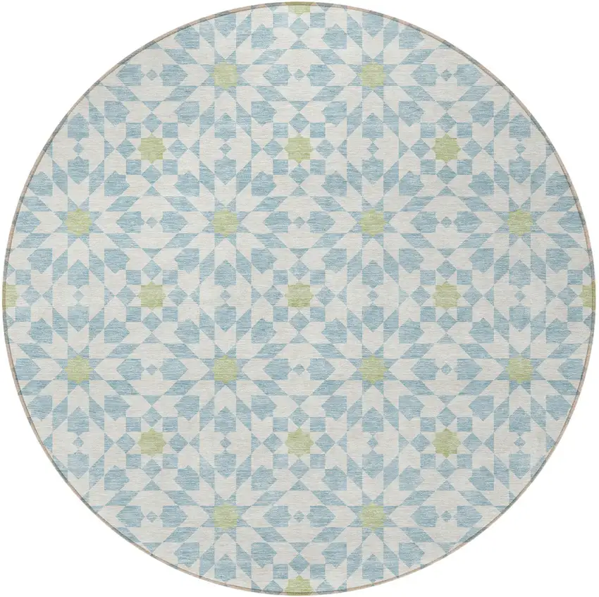 8' Sky Blue Ivory And Artichoke Green Round Floral Medallion Washable Indoor Outdoor Area Rug Photo 7