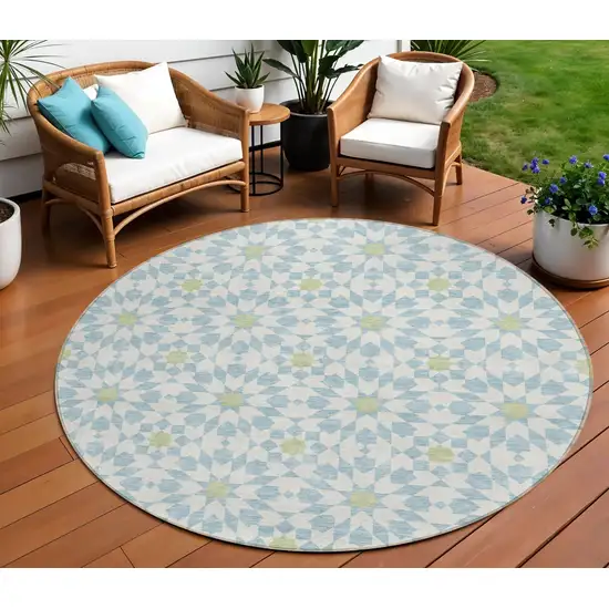 8' Sky Blue Ivory And Artichoke Green Round Floral Medallion Washable Indoor Outdoor Area Rug Photo 1