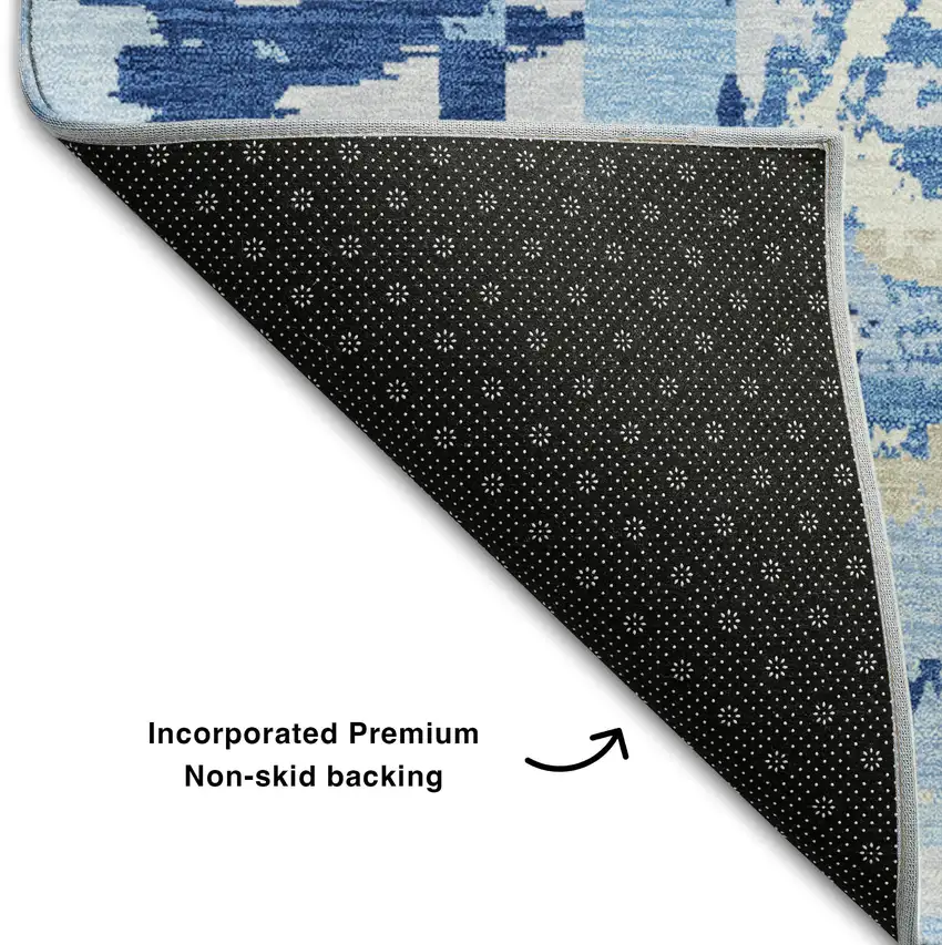 8' Sky Blue Ivory And Beige Geometric Washable Round Rug With UV Protection Photo 6