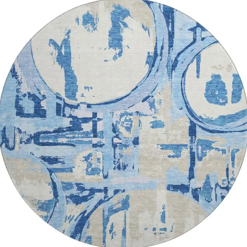 8' Sky Blue Ivory And Beige Geometric Washable Round Rug With UV Protection Photo 3
