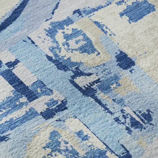 8' Sky Blue Ivory And Beige Geometric Washable Round Rug With UV Protection Photo 9