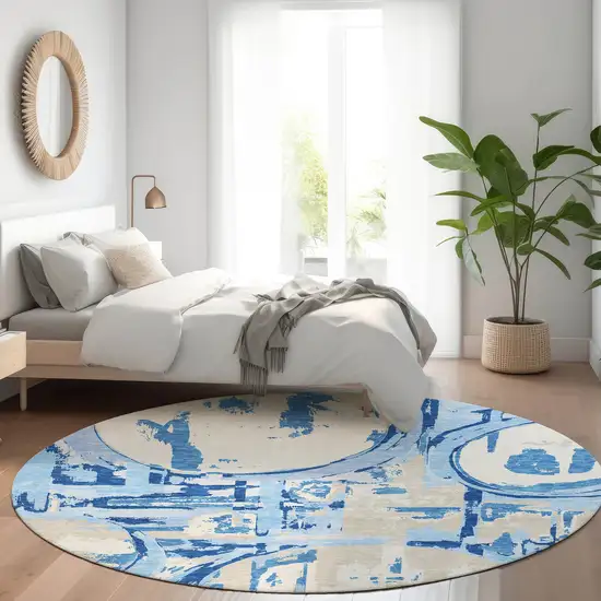 8' Sky Blue Ivory And Beige Geometric Washable Round Rug With UV Protection Photo 5