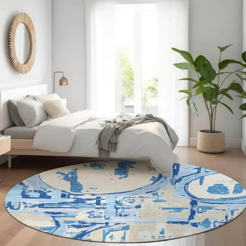 8' Sky Blue Ivory And Beige Geometric Washable Round Rug With UV Protection Photo 5