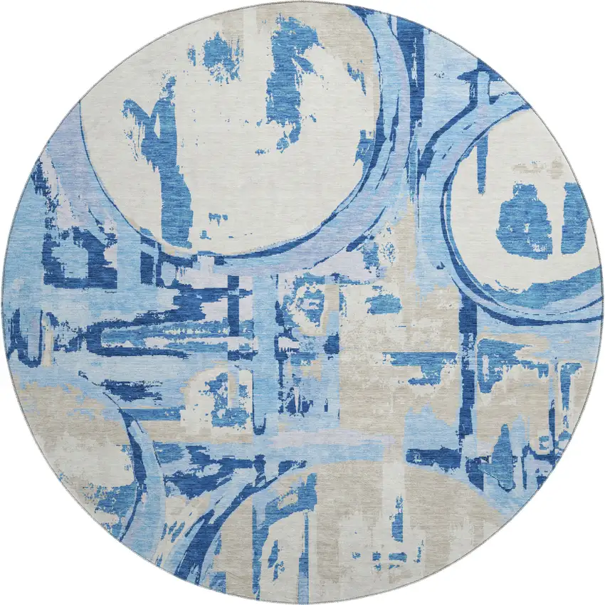 8' Sky Blue Ivory And Beige Geometric Washable Round Rug With UV Protection Photo 1