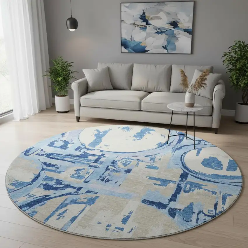 8' Sky Blue Ivory And Beige Geometric Washable Round Rug With UV Protection Photo 2