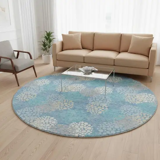 8' Sky Blue Ivory And Beige Polka Dot Washable Round Rug With UV Protection Photo 2