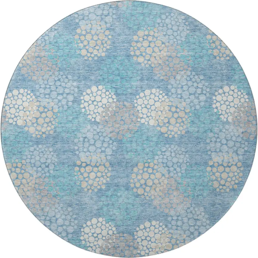 8' Sky Blue Ivory And Beige Polka Dot Washable Round Rug With UV Protection Photo 4