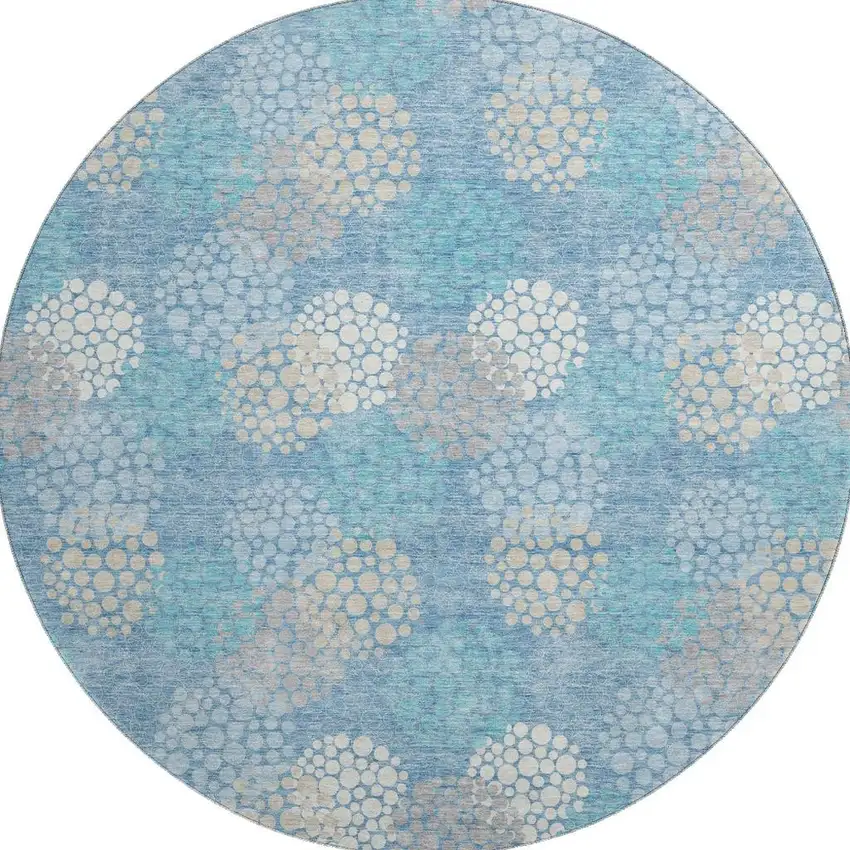 8' Sky Blue Ivory And Beige Polka Dot Washable Round Rug With UV Protection Photo 3