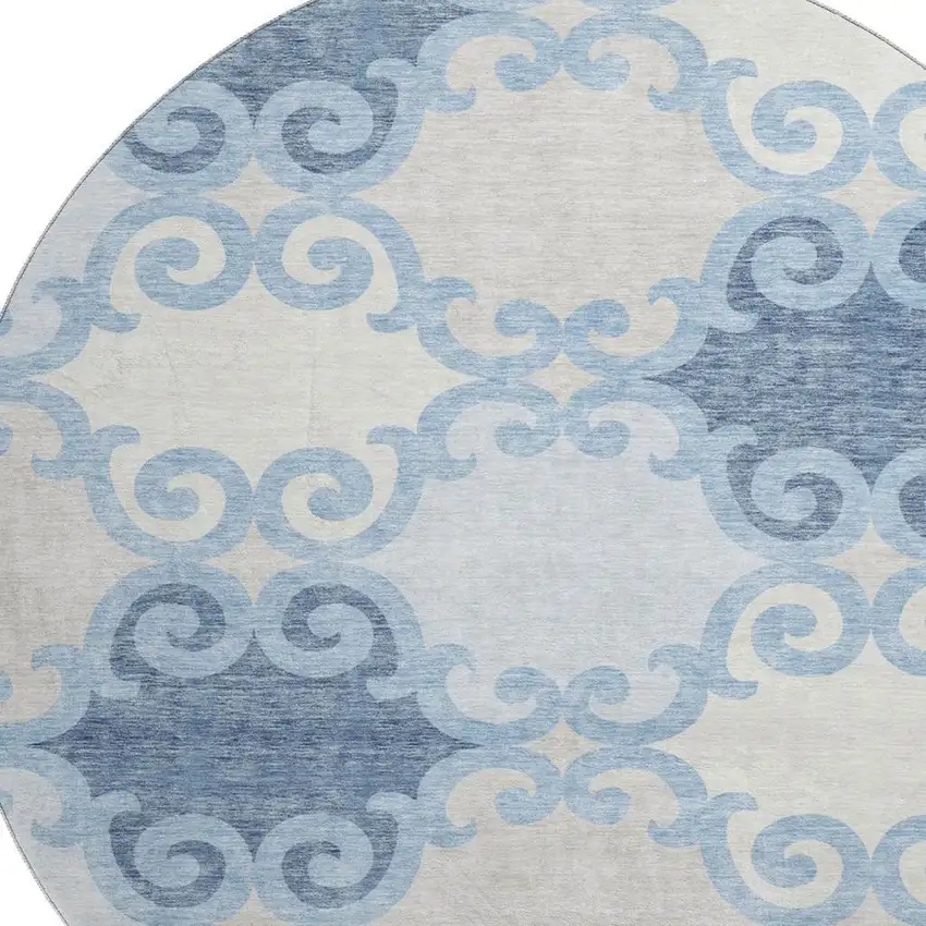 8' Sky Blue Ivory And Beige Trellis Washable Round Rug With UV Protection Photo 3