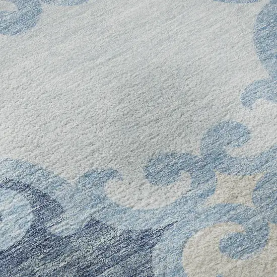 8' Sky Blue Ivory And Beige Trellis Washable Round Rug With UV Protection Photo 9