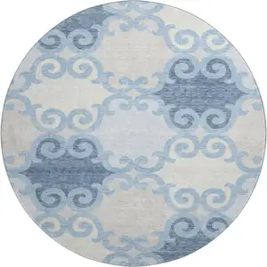 Photo of 8' Sky Blue Ivory And Beige Trellis Washable Round Rug With UV Protection