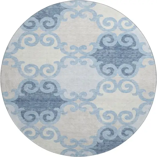 8' Sky Blue Ivory And Beige Trellis Washable Round Rug With UV Protection Photo 1