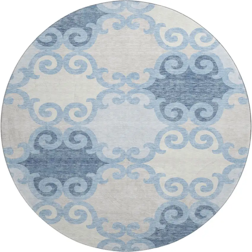 8' Sky Blue Ivory And Beige Trellis Washable Round Rug With UV Protection Photo 1