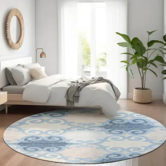 8' Sky Blue Ivory And Beige Trellis Washable Round Rug With UV Protection Photo 5