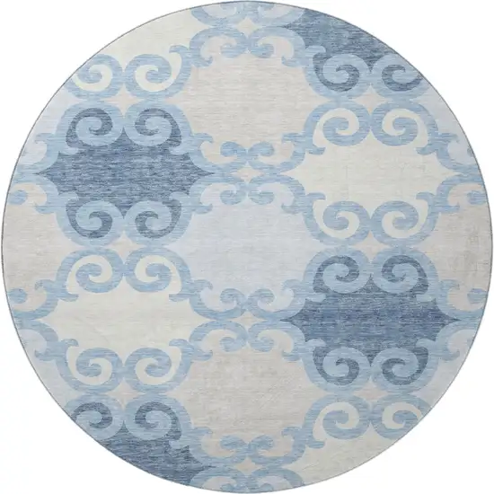 8' Sky Blue Ivory And Beige Trellis Washable Round Rug With UV Protection Photo 4