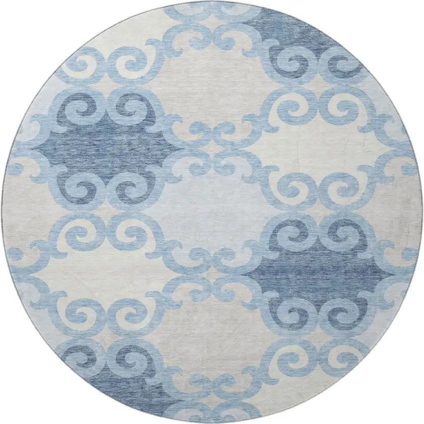 8' Sky Blue Ivory And Beige Trellis Washable Round Rug With UV Protection Photo 4