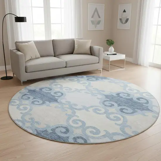 8' Sky Blue Ivory And Beige Trellis Washable Round Rug With UV Protection Photo 2