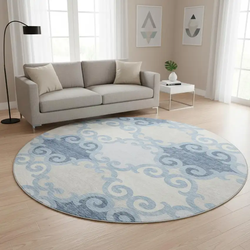 8' Sky Blue Ivory And Beige Trellis Washable Round Rug With UV Protection Photo 2