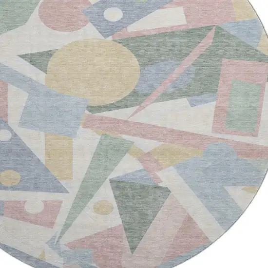8' Sky Blue Ivory And Blush Geometric Washable Round Rug With UV Protection Photo 2