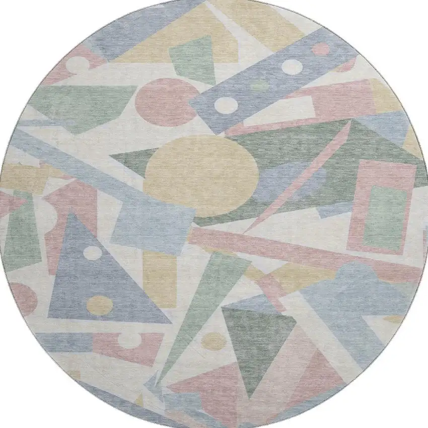 8' Sky Blue Ivory And Blush Geometric Washable Round Rug With UV Protection Photo 3