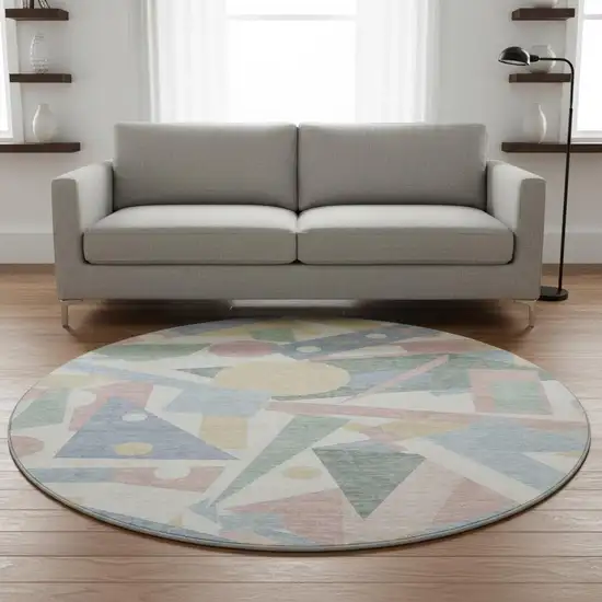 8' Sky Blue Ivory And Blush Geometric Washable Round Rug With UV Protection Photo 2