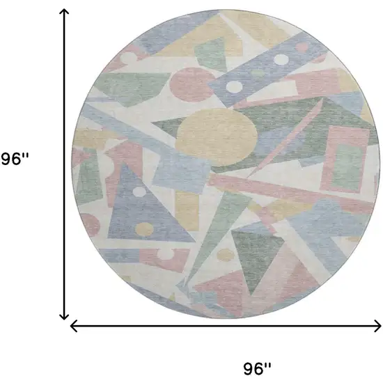 8' Sky Blue Ivory And Blush Geometric Washable Round Rug With UV Protection Photo 9