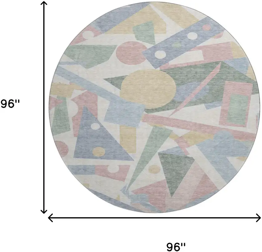 8' Sky Blue Ivory And Blush Geometric Washable Round Rug With UV Protection Photo 9