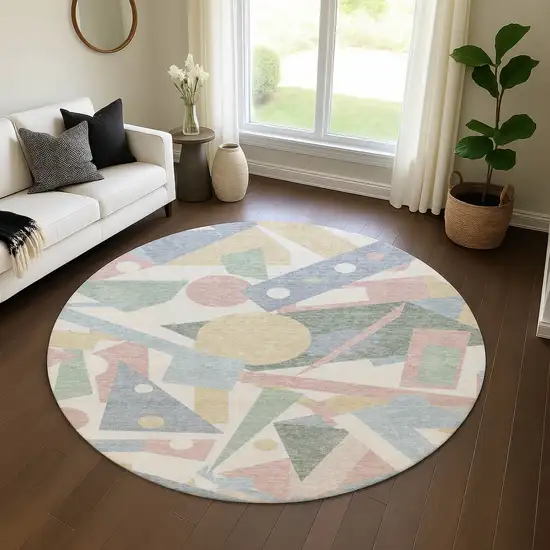 8' Sky Blue Ivory And Blush Geometric Washable Round Rug With UV Protection Photo 4