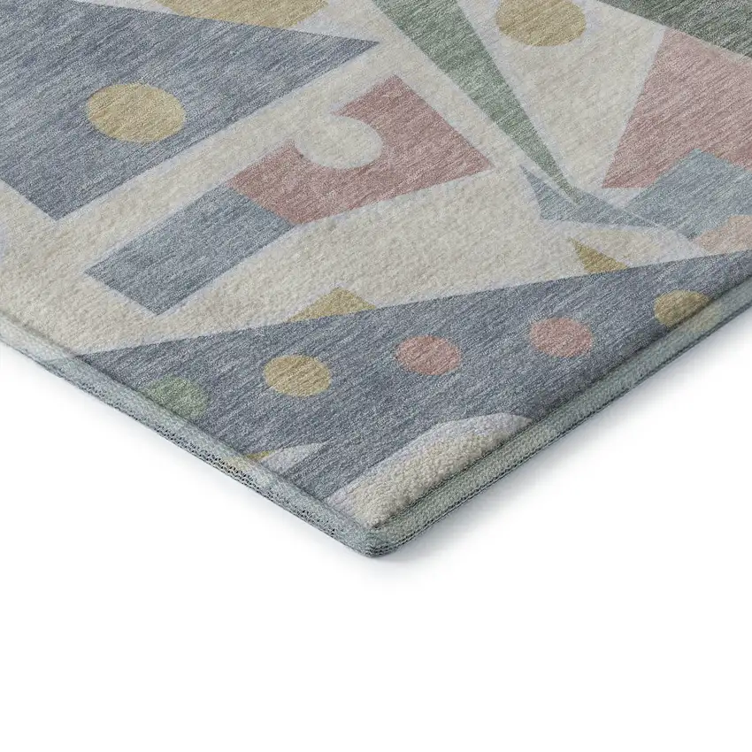 8' Sky Blue Ivory And Blush Geometric Washable Round Rug With UV Protection Photo 6