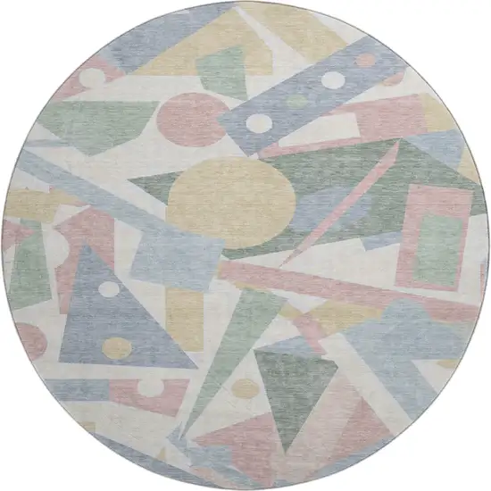 8' Sky Blue Ivory And Blush Geometric Washable Round Rug With UV Protection Photo 1
