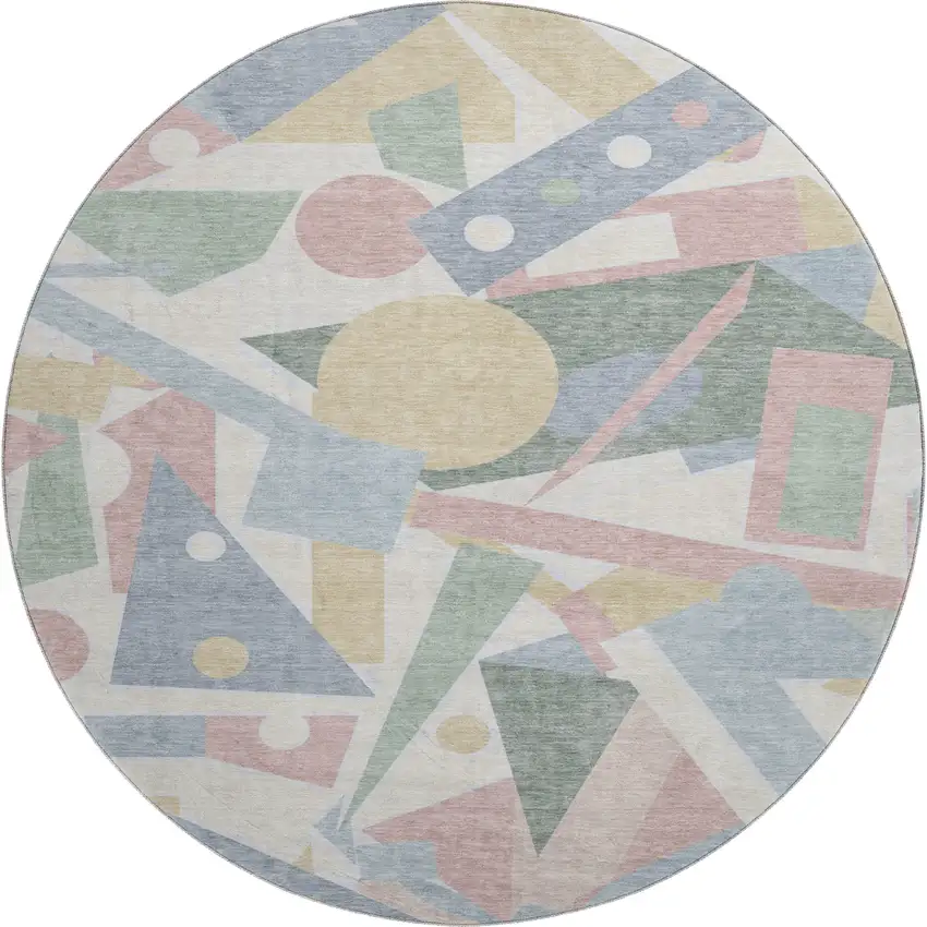 8' Sky Blue Ivory And Blush Geometric Washable Round Rug With UV Protection Photo 1