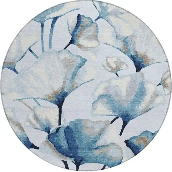 8' Sky Blue Ivory And Brown Round Botanical Leaves Washable Indoor Outdoor Area Rug Photo 3