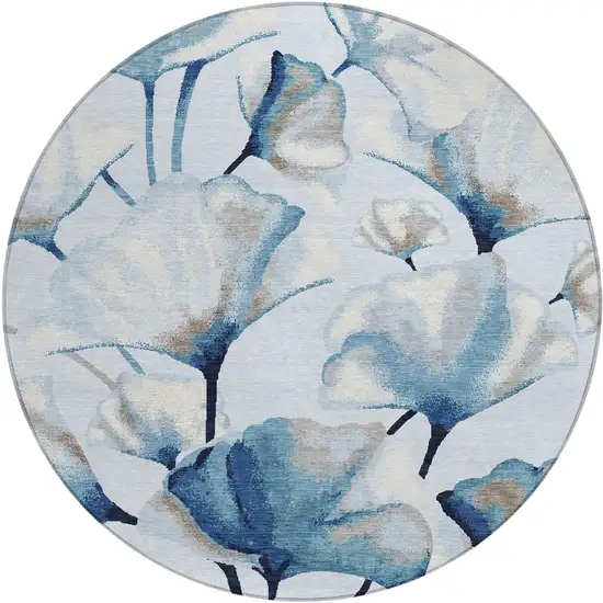 8' Sky Blue Ivory And Brown Round Botanical Leaves Washable Indoor Outdoor Area Rug Photo 1