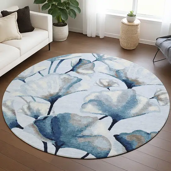 8' Sky Blue Ivory And Brown Round Botanical Leaves Washable Indoor Outdoor Area Rug Photo 5