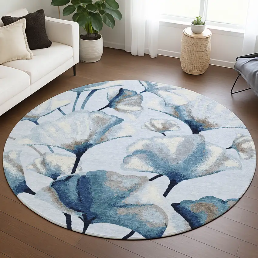 8' Sky Blue Ivory And Brown Round Botanical Leaves Washable Indoor Outdoor Area Rug Photo 5